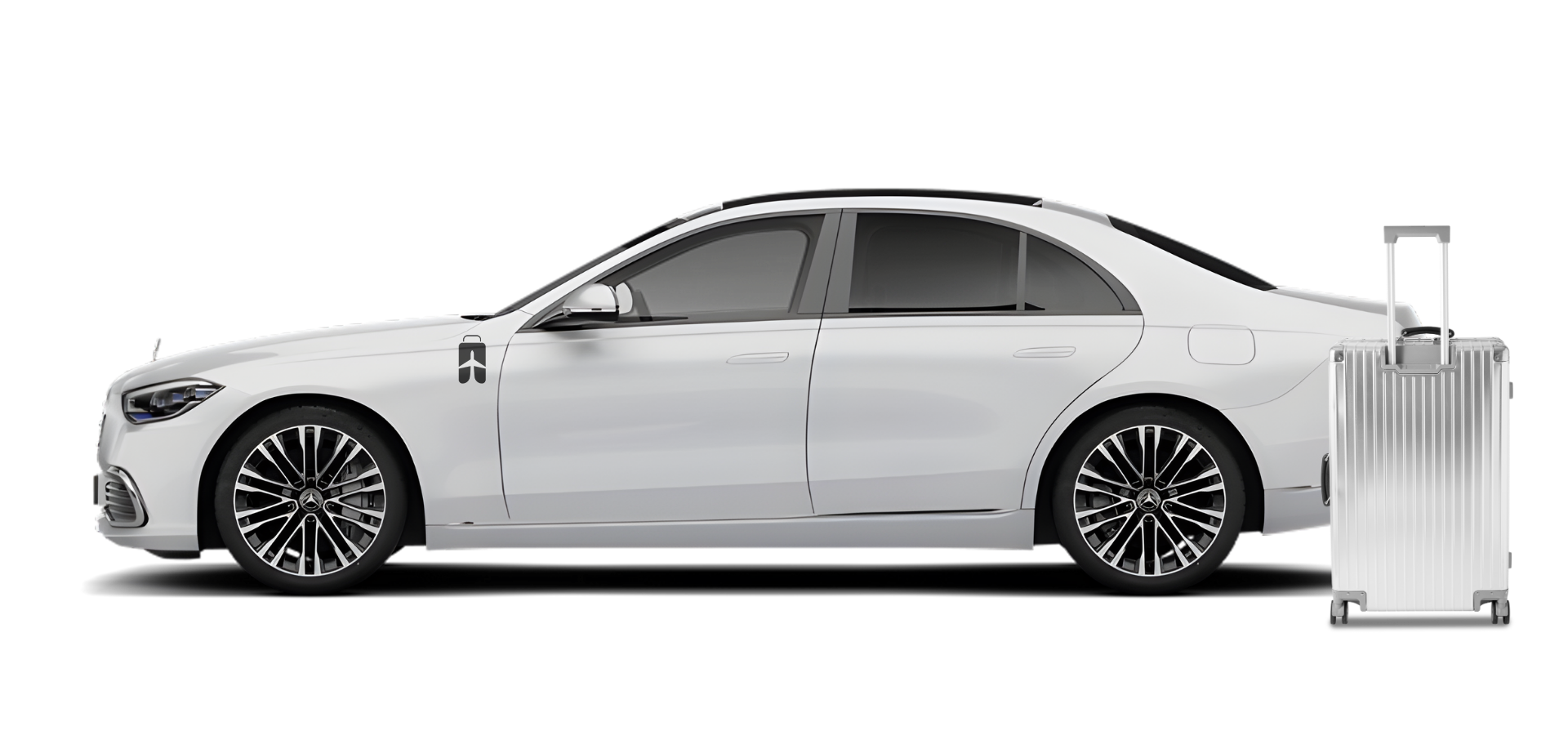 White Mercedes-Benz luxury sedan with luggage, ready for premium airport transfer and Executive Chauffeur Service In Malaysia_
