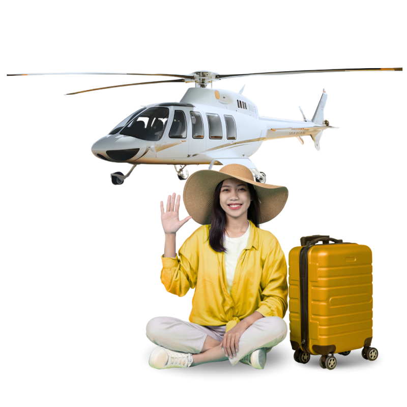 Happy tourist with luggage ready for a holiday trip via Helicopter Charter